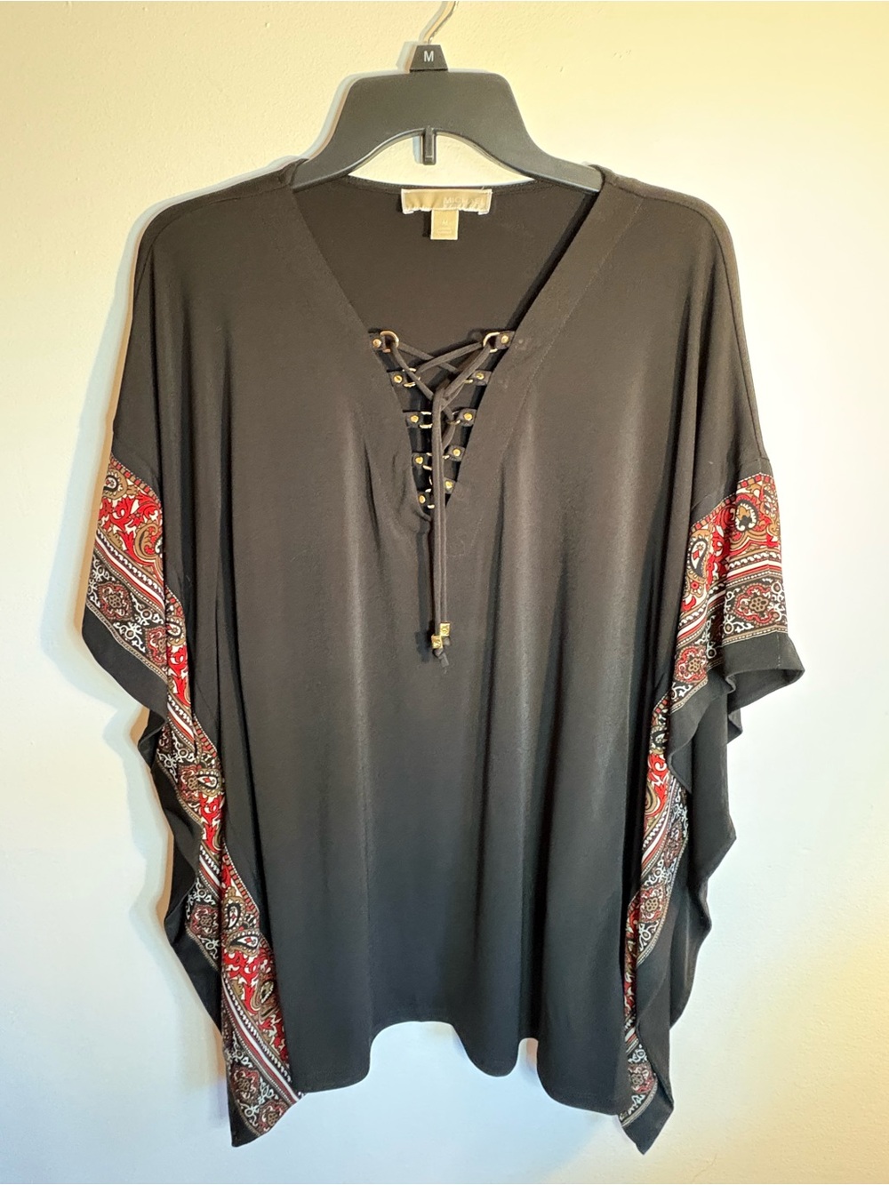 Michael Kors Black Lace-Up Paisley Trim Poncho Top Size Medium Boho